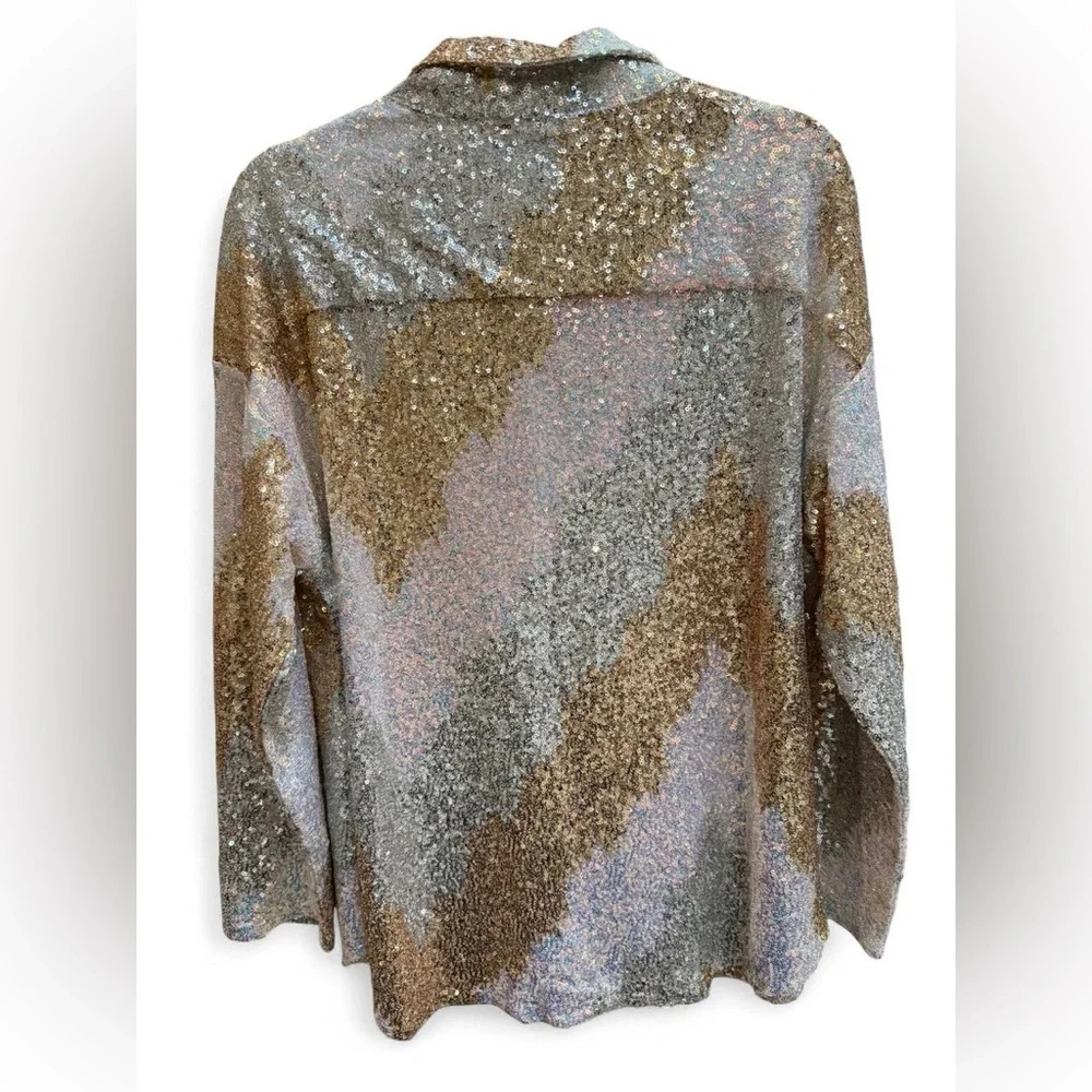 12th Tribe Sequin Button Up Shirt Large Gold Silver Party Top - Picture 7 of 8